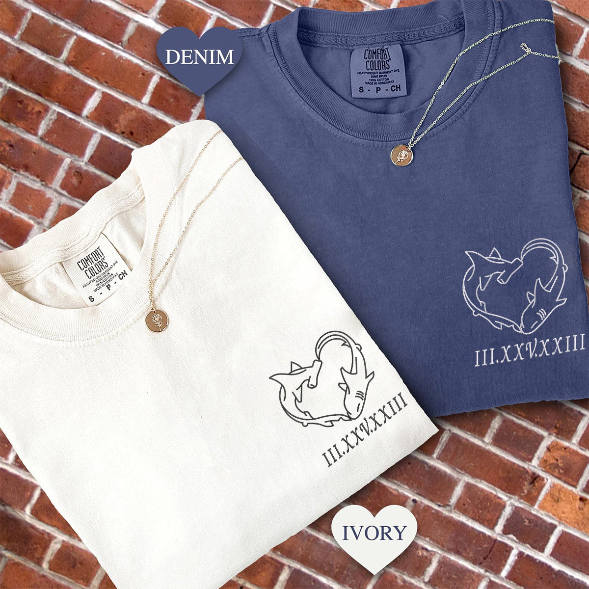 Custom Embroidered Shark Love Roman Numeral Matching T-shirts for Couples
