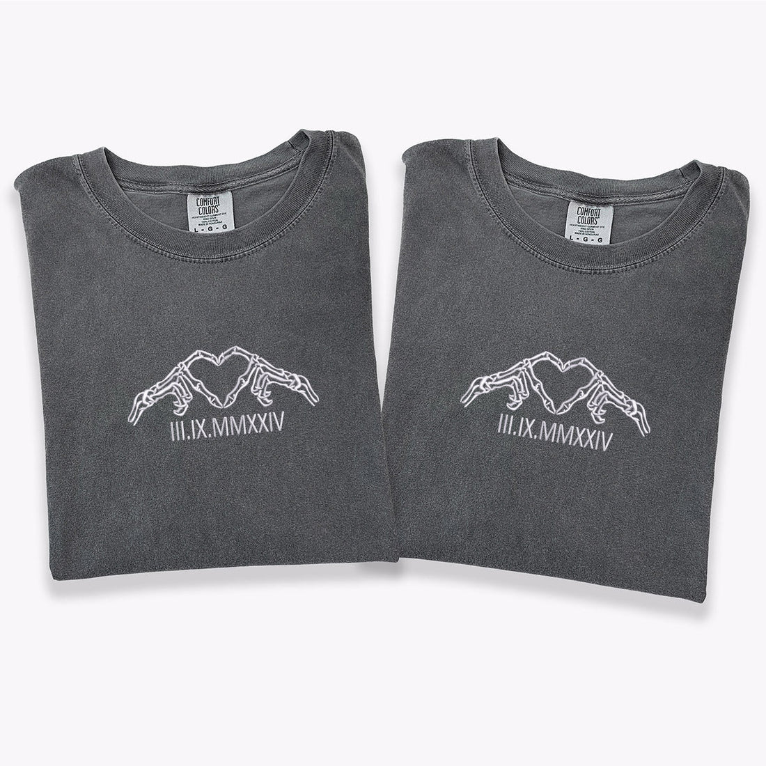 Custom Embroidered Skeleton Heart Roman Numeral Matching T-shirts for Couples
