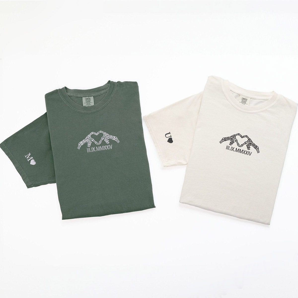 Custom Embroidered Skeleton Heart Roman Numeral Matching T-shirts for Couples