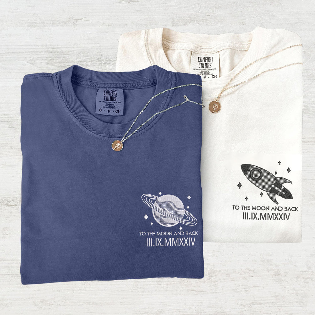 Custom Embroidered The Moon and Back Roman Numeral Matching T-shirts for Couples