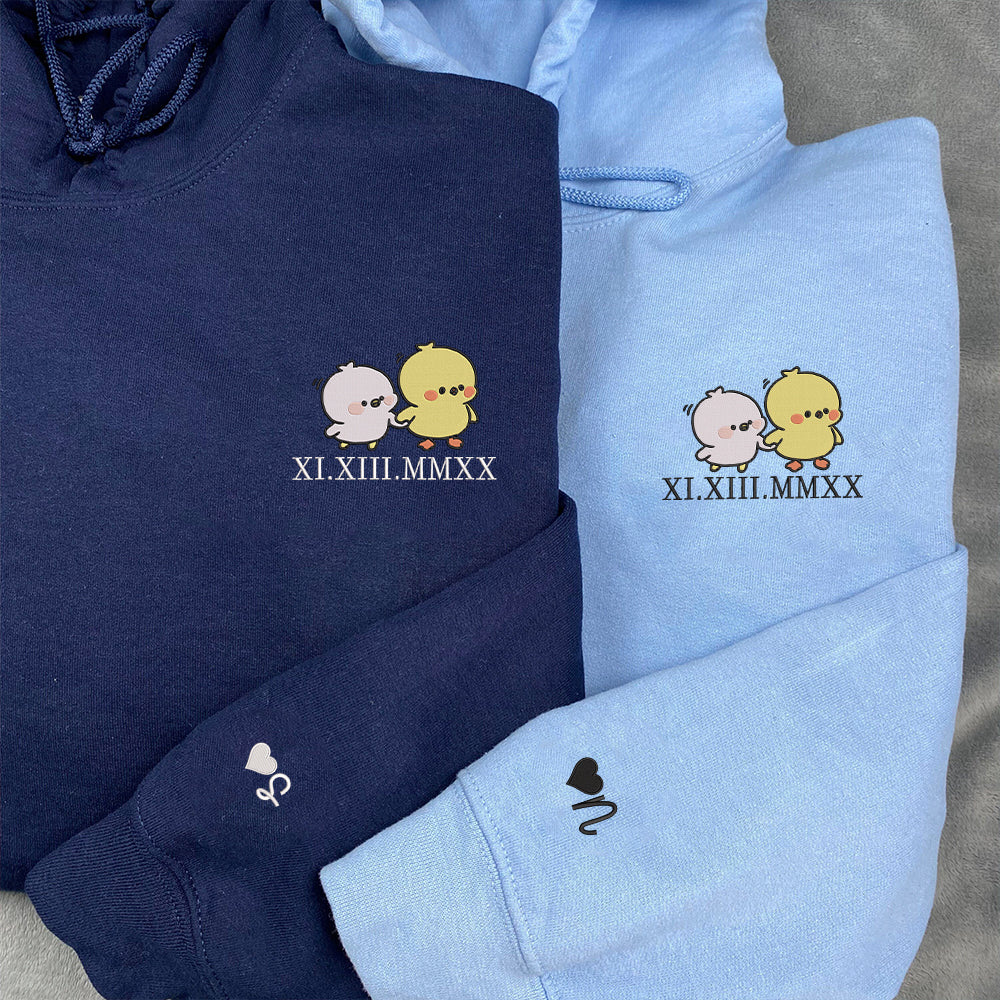 Cute Cartoon Chick Custom Roman Numeral Matching Embroidered Hoodies For Couples