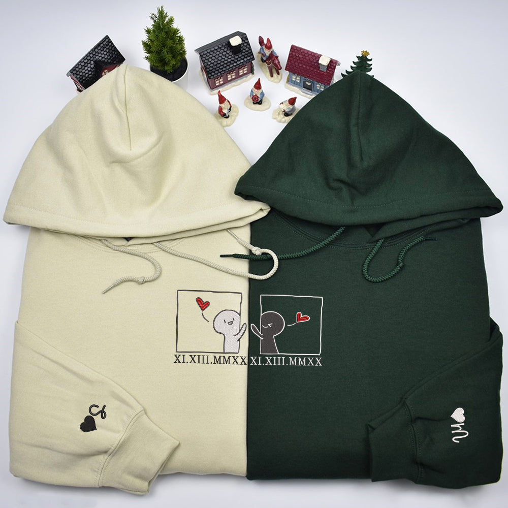 Cute Cartoon Couple Custom Roman Numeral Matching Embroidered Hoodies For Couples