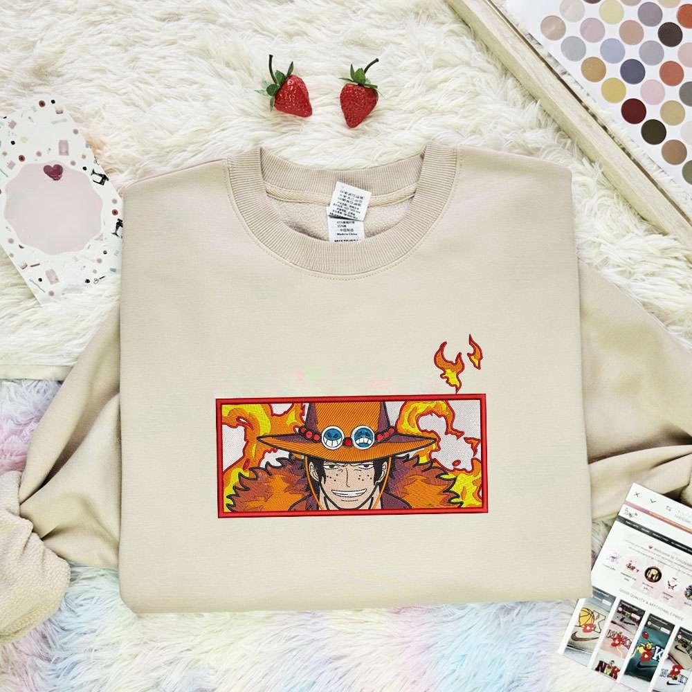 Ace On Fire One Piece Anime Embroidered Shirt , Anime Embroidered T-shirt Sweatshirt Hoodie, Inspired Anime Movie, Best Gift for Anime Fans