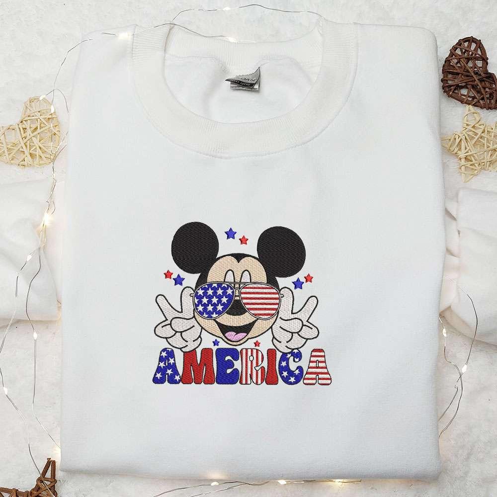 America Mickey Wears Glasses Embroidered Shirt Disney Embroidered Shirt Best Patriotic Shirts