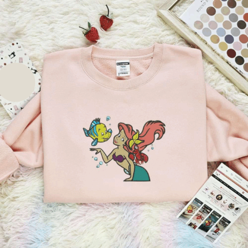 Ariel And Flounder Disney Characters Embroidered Shirt Best Gift Idea For Family