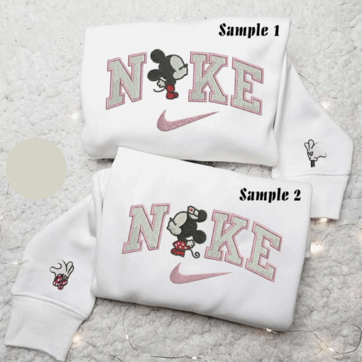 Baby Mickey And Minnie Kiss x Nike Couple Embroidered Shirt Disney Characters Embroidered Hoodie Valentines Day Embroidered Sweatshirt
