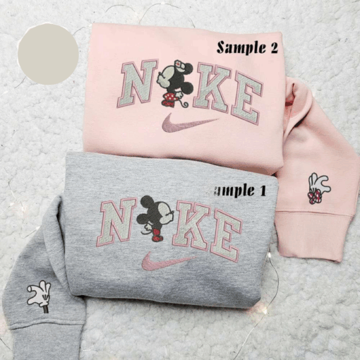 Baby Mickey And Minnie Kiss x Nike Couple Embroidered Shirt Disney Characters Embroidered Hoodie Valentines Day Embroidered Sweatshirt