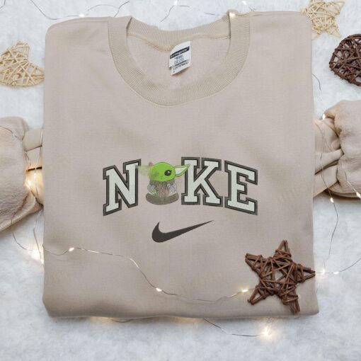 Baby Yoda Flower Nike Embroidered Shirt, Nike Embroidered Shirt, Movie Cartoon Star War Embroidered Shirt