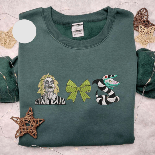 Beetlejuice And Sandworm Coquette Bow Halloween Embroidered Shirt