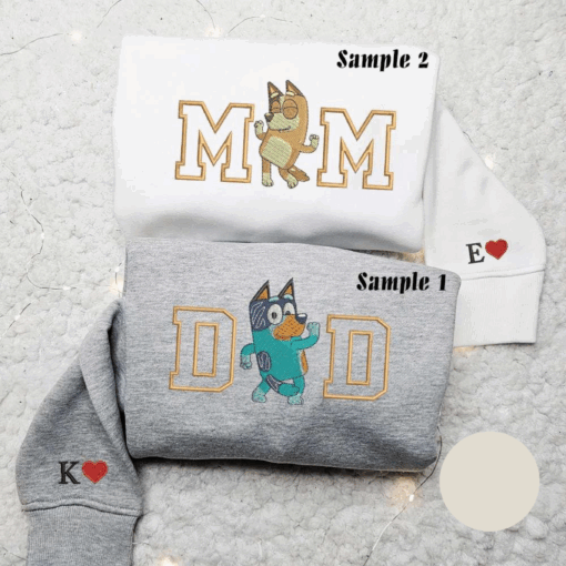 Bingo and Bluey Mom Dad Embroidered Hoodie Couple Embroidered Sweatshirt Best Gifts for Family