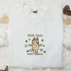 Bingo Take Your Lucky Charm Embroidered Shirt Bluey Cartoon Embroidered Hoodie Saint Patricks Day Gift Ideas