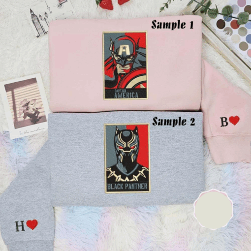 Black Panther And Captain America Marvel Movie Superhero Embroidered Couples Shirts