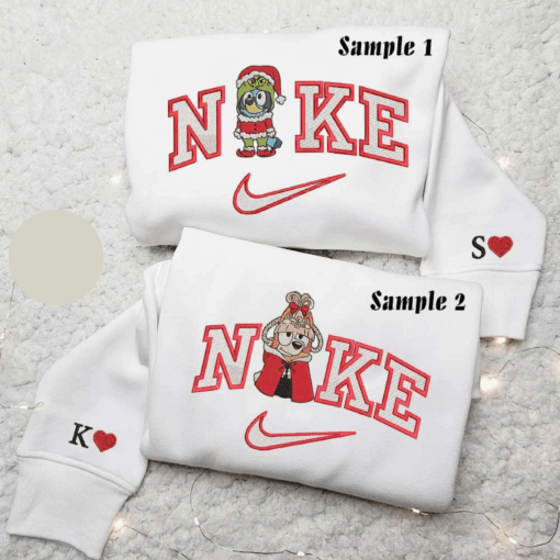Bluey And Bingo Grinch Cindy Lou x Nike Embroidered Couple Shirt Cartoon Embroidered Shirt Christmas Embroidered Hoodie