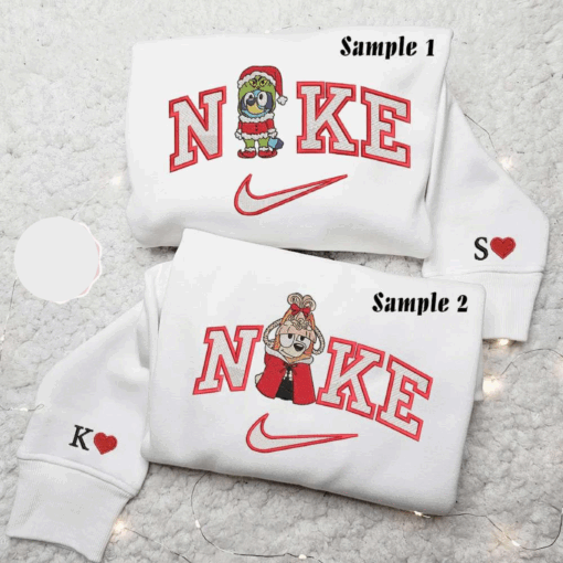 Bluey And Bingo Grinch Cindy Lou X Nike Embroidered Couple Shirt Cartoon Embroidered Shirt Christmas Embroidered Hoodie