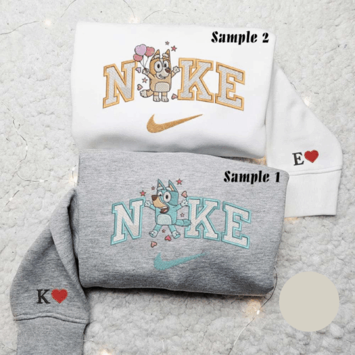 Bluey And Bingo Hearts x Nike Embroidered Couple Shirt Cartoon Embroidered Shirt Valentine Embroidered Hoodie
