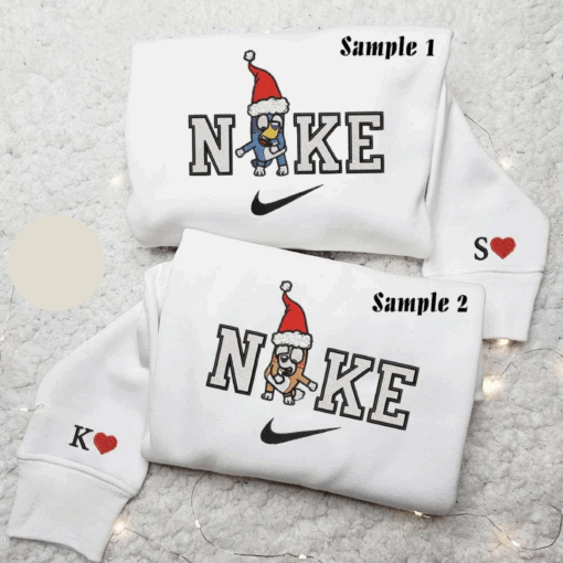 Bluey And Bingo x Nike Xmas Embroidered Couple Shirt Cartoon Characters Embroidered Shirt Nike Inspired Embroidered Hoodie