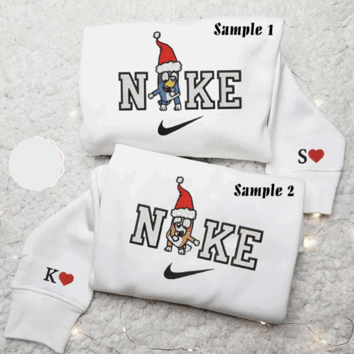 Bluey And Bingo X Nike Xmas Embroidered Couple Shirt Cartoon Characters Embroidered Shirt Nike Inspired Embroidered Hoodie
