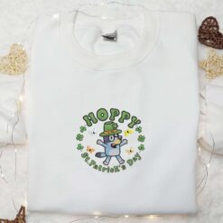Bluey Hoppy Saint Patricks Day Embroidered Shirt Cartoon Embroidered Hoodie Best Holiday Gift Ideas
