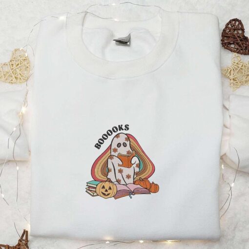 Boo Ghost Reading Booooks Embroidered Shirt Halloween Embroidered Shirt Best Halloween Gift Ideas