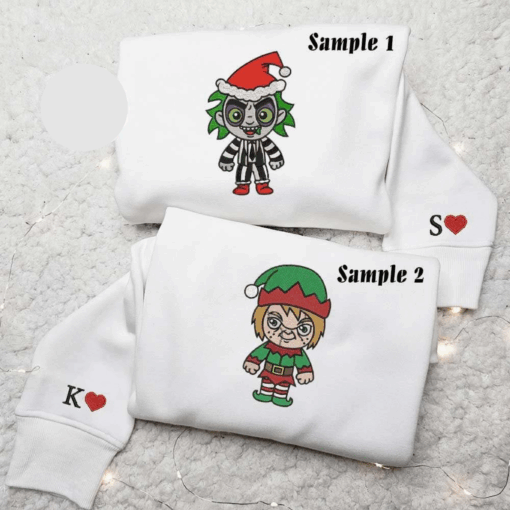 Chibi Beetlejuice And Chucky Horror Christmas Halloween Embroidered Couples Shirts