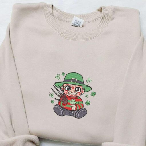 Chibi Freddie Krueger Shamrock Embroidered Shirt Saint Patricks Day Embroidered Hoodie Best Holiday Gift Ideas
