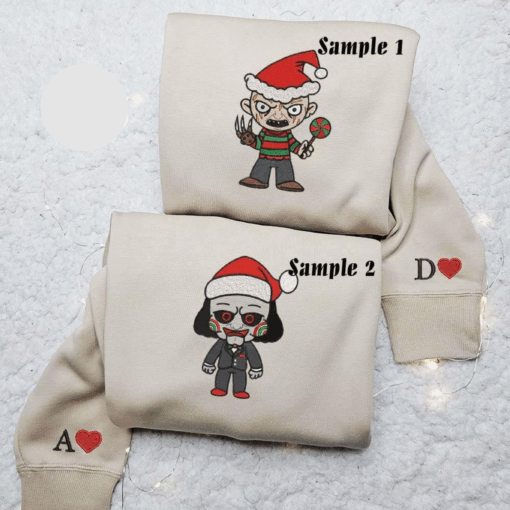 Chibi Freddy Krueger And Jigsaw Horror Christmas Halloween Embroidered Couples Shirts