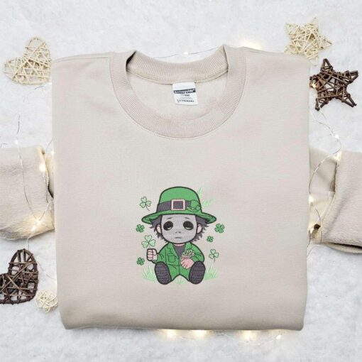 Chibi Michael Myers Shamrock Embroidered Shirt Saint Patricks Day Embroidered Hoodie Best Holiday Gift Ideas