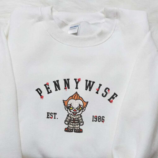Chibi Pennywise Est 1986 Embroidered Shirt Spooky Halloween Embroidered Hoodie Funny Halloween Embroidered Shirt