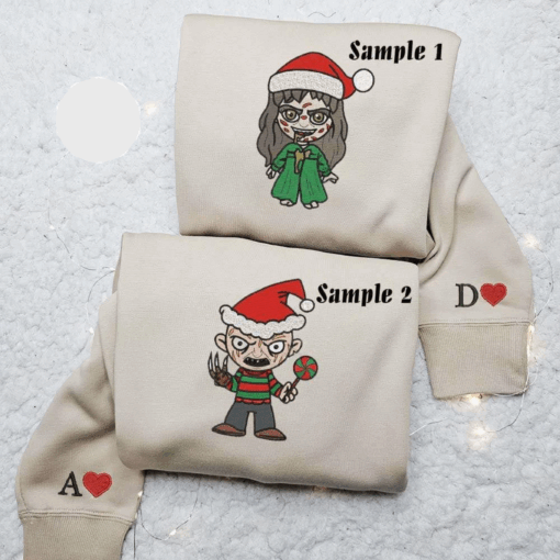 Chibi Regan And Freddy Krueger Horror Christmas Halloween Embroidered Couples Shirts