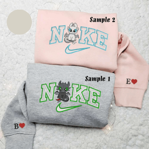 Chibi Toothless And Light Fury x Nike Couple Embroidered Shirt How To Train Your Dragon Cartoon Embroidered Hoodie Valentines Day Embroidered Sweatshirt