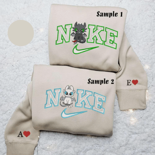 Chibi Toothless And Light Fury x Nike Couple Embroidered Shirt How To Train Your Dragon Cartoon Embroidered Hoodie Valentines Day Embroidered Sweatshirt