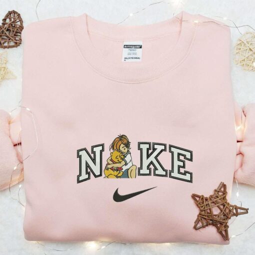 Christopher And Pooh Hugging x Nike Embroidered Shirt Disney Characters Embroidered Shirt Cartoon Embroidered Hoodie