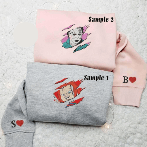 Chucky And Michael Myers Horror Team Halloween Embroidered Couples Shirts