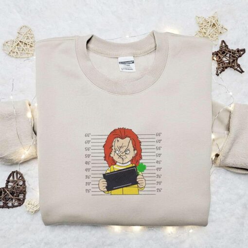 Chucky Lucky In Love Embroidered Shirt Saint Patricks Day Embroidered Hoodie Horror Movie Embroidered T Shirt