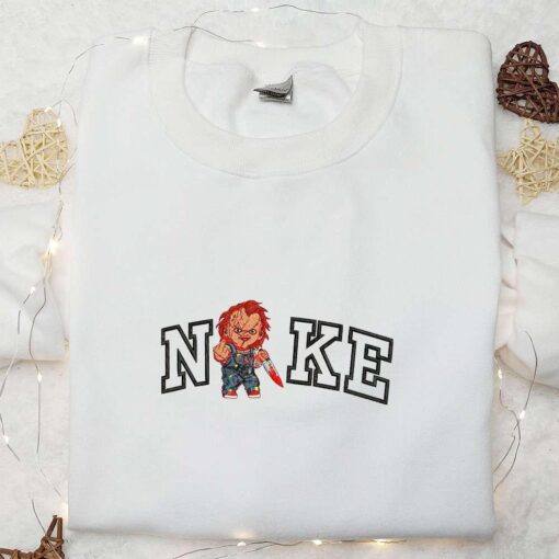 Chucky Raising Middle Finger x Nike Embroidered Shirt Horror Movie Embroidered Hoodie Halloween Embroidered Sweatshirt
