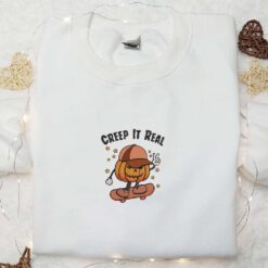 Creep It Real Pumpkin Boy On Skateboard Embroidered Shirt Happy Halloween Embroidered Hoodie Funny Halloween Embroidered T shirt