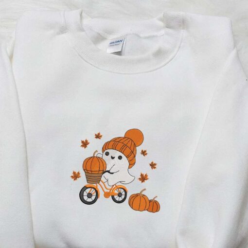 Cute Ghost Bicycle Pumpkin Halloween Embroidered Shirt  Best Halloween Gifts Ideas