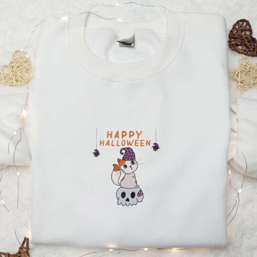 Cute Happy Halloween Cat and Skull Embroidered Shirt Happy Halloween Embroidered Shirt Best Halloween Gifts for Family
