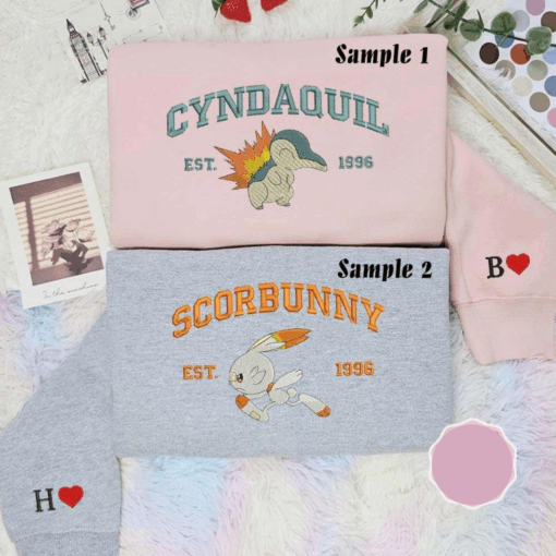 Cyndaquil And Scorbunny Est 1996 Pokemon Anime Embroidered Couples Shirts, Best Gift for Anime Fans