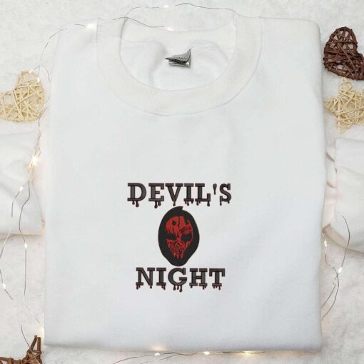 Devils Night Skull Embroidered Sweatshirt Scary Halloween Embroidered Hoodie Best Halloween Gifts Ideas