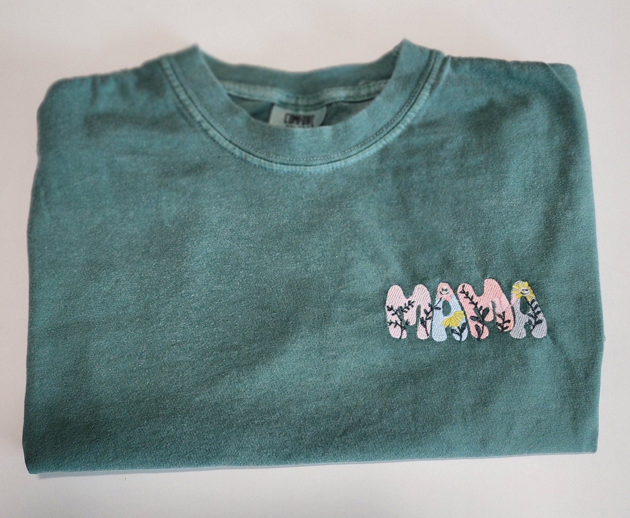 Embroidered Mama Comfort Colors T-Shirt, Pocket Design Flower Embroidered T-Shirt, Mother Gift