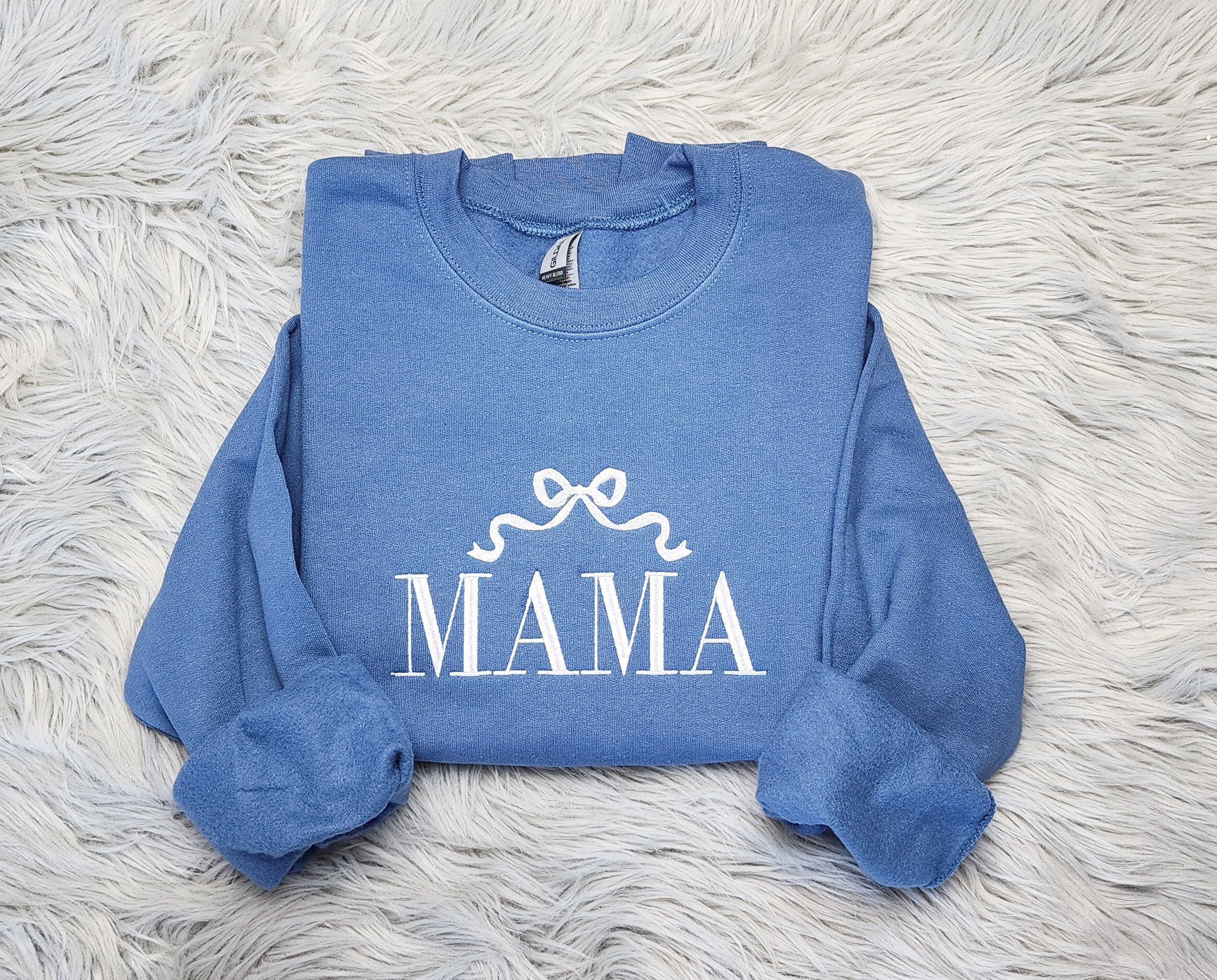 Embroidered Mama with Bow Ribbon Crewneck - Delicate Bow Embroidery - Cute Mama Shirt - Crewneck Sweatshirt or Hoodie - Gift for Her