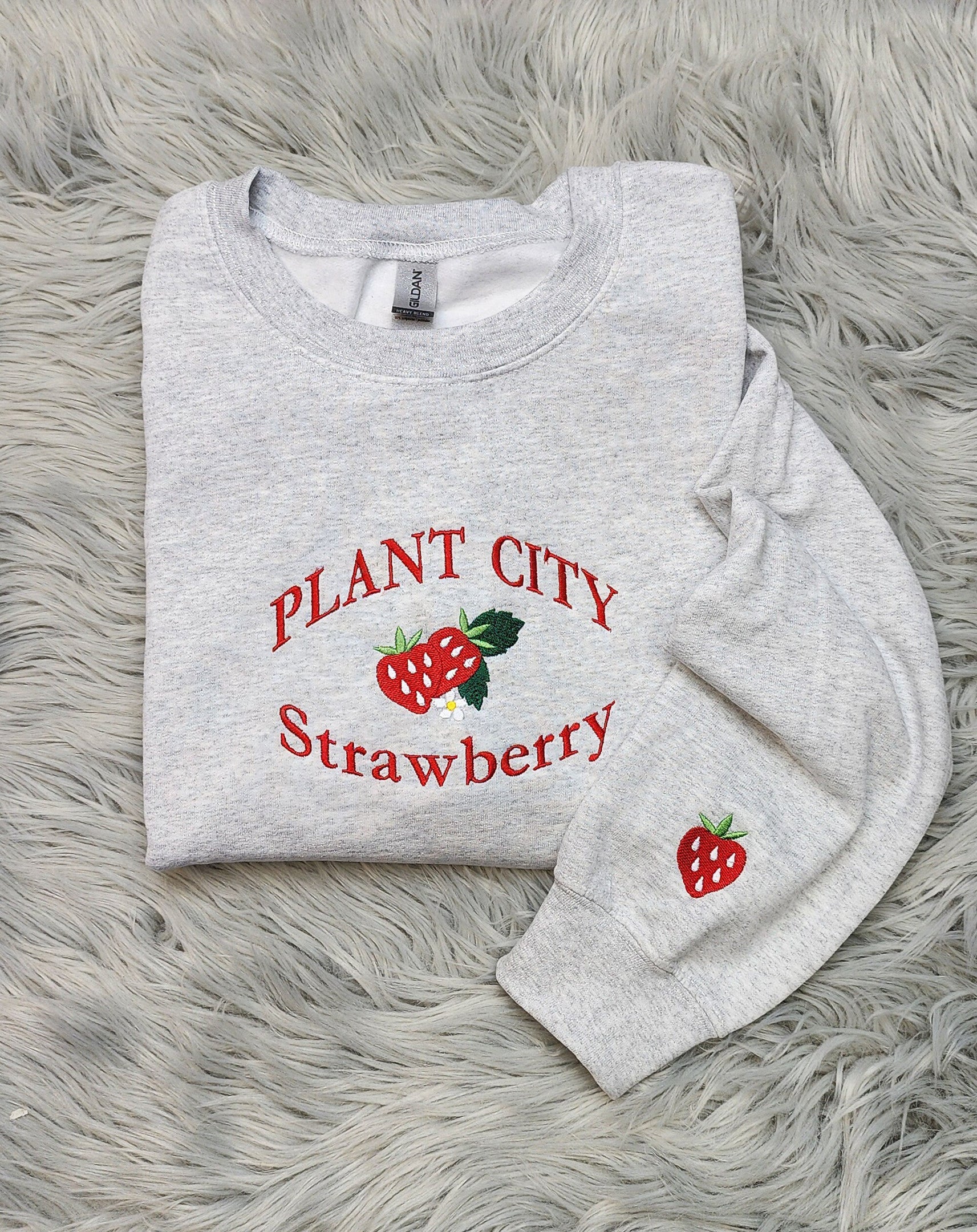 Embroidered Plant City Strawberry Sweatshirt - With Mini Sleeve Strawberry Embroidery - Florida Festival Unisex Sweatshirt