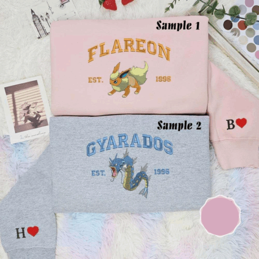 Flareon And Gyarados Est 1996 Pokemon Anime Embroidered Couples Shirts, Best Gift for Anime Fans
