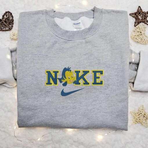 Flounder x Nike Cartoon Embroidered Hoodie The Little Mermaid Embroidered Shirt Nike Inspired Embroidered Shirt