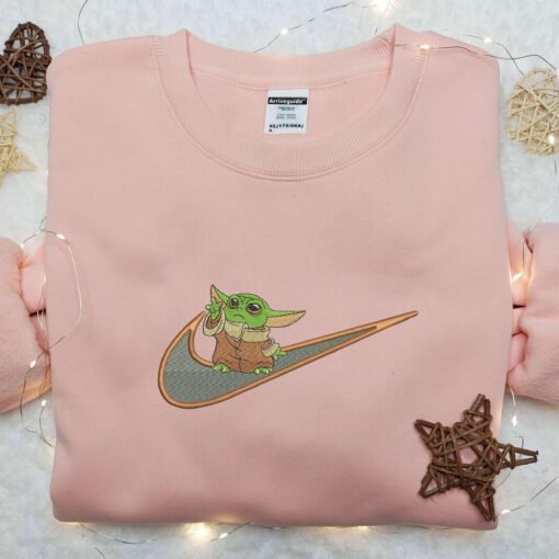 Flying Baby Yoda x Nike Embroidered Shirt, Custom Nike Embroidered Shirt, Cartoon Star War Embroidered Shirt