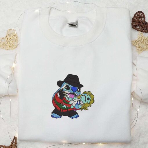 Freddy Krueger x Stitch Doll Embroidered Sweatshirt Silhouette Horror Movies Embroidered Hoodie Disney Halloween Gifts