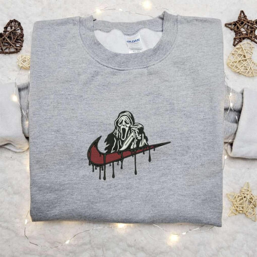 Ghostface Scream x Nike Swoosh Embroidered Shirt Horror Movies Embroidered Hoodie Halloween Embroidered Sweatshirt