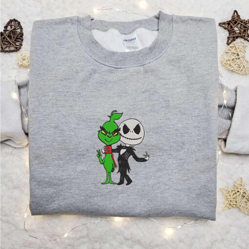 Grinch And Jack Skellington Embroidered Sweatshirt Halloween Embroidered Hoodie Best Christmas Gift Ideas
