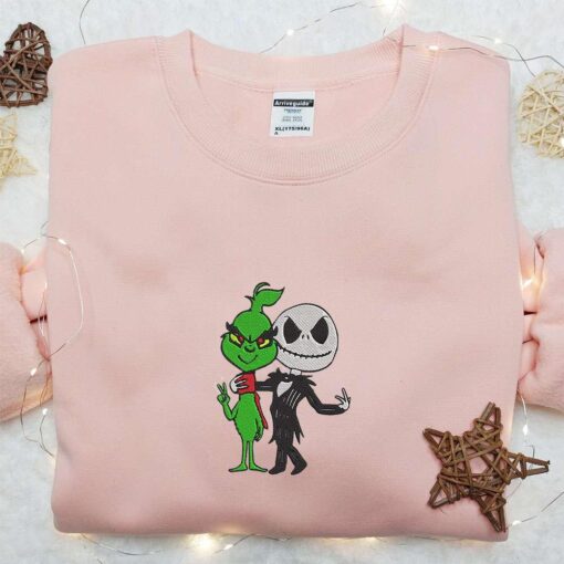 Grinch and Jack Skellington Friends Embroidered Shirt Funny Halloween Embroidered Shirt Unique Gifts for Family